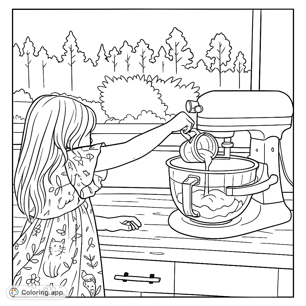 Join a child in the kitchen, pouring ingredients into a stand mixer. A delightful baking scene with a detailed dress and outdoor view, perfect for young aspiring chefs.