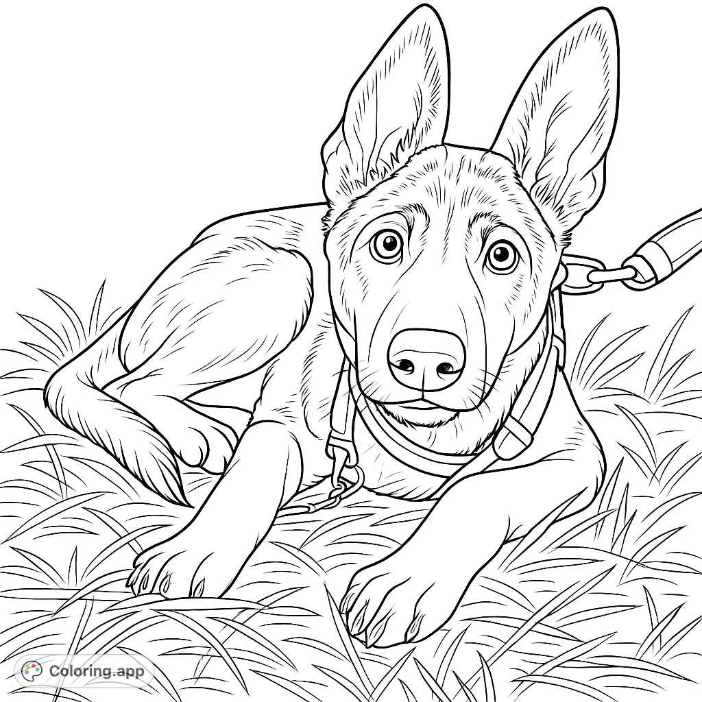 An adorable German Shepherd puppy lies in a grassy field, looking directly at you. A charming dog coloring page for all ages.