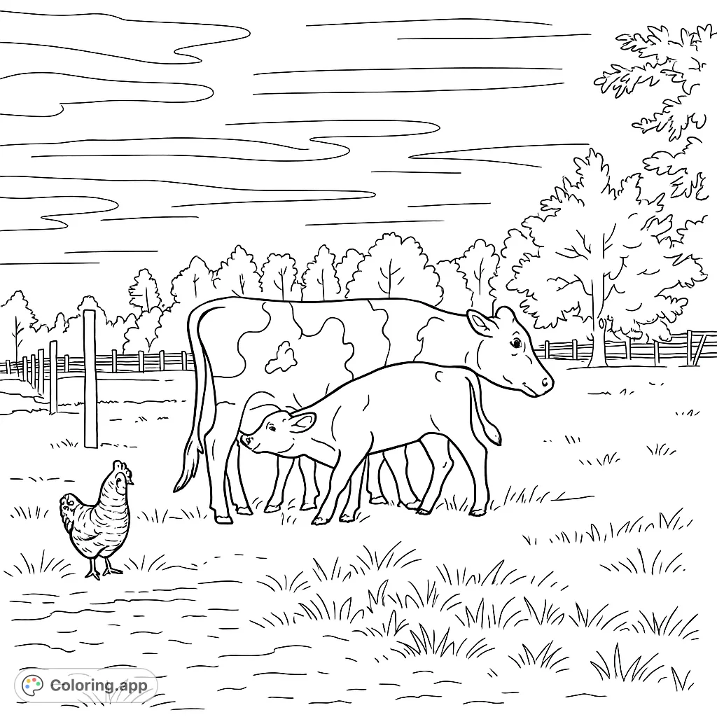 A heartwarming farm scene featuring a mother cow and her calf, with a curious chicken nearby. Perfect for animal lovers and farm life enthusiasts.