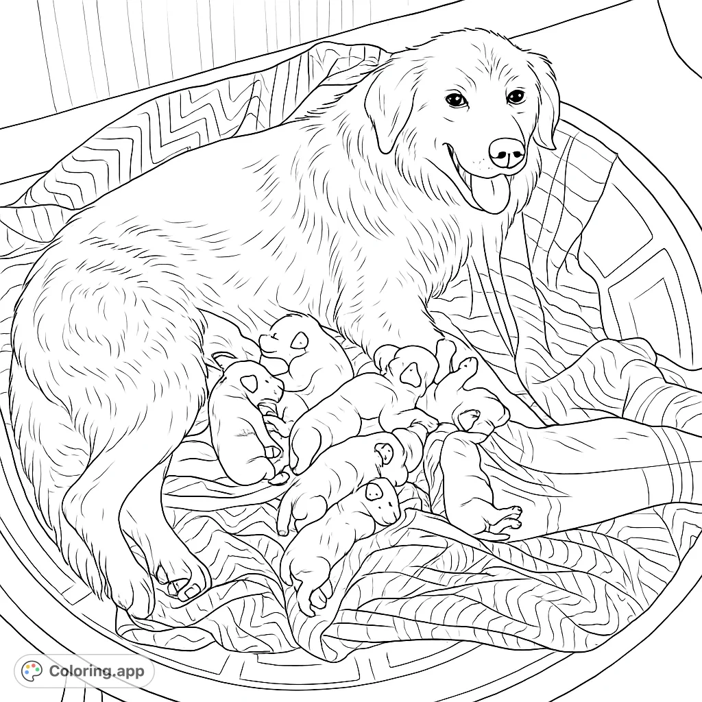A heartwarming scene of a mother dog with her adorable litter of puppies, nestled together on a soft blanket. Perfect for animal lovers.