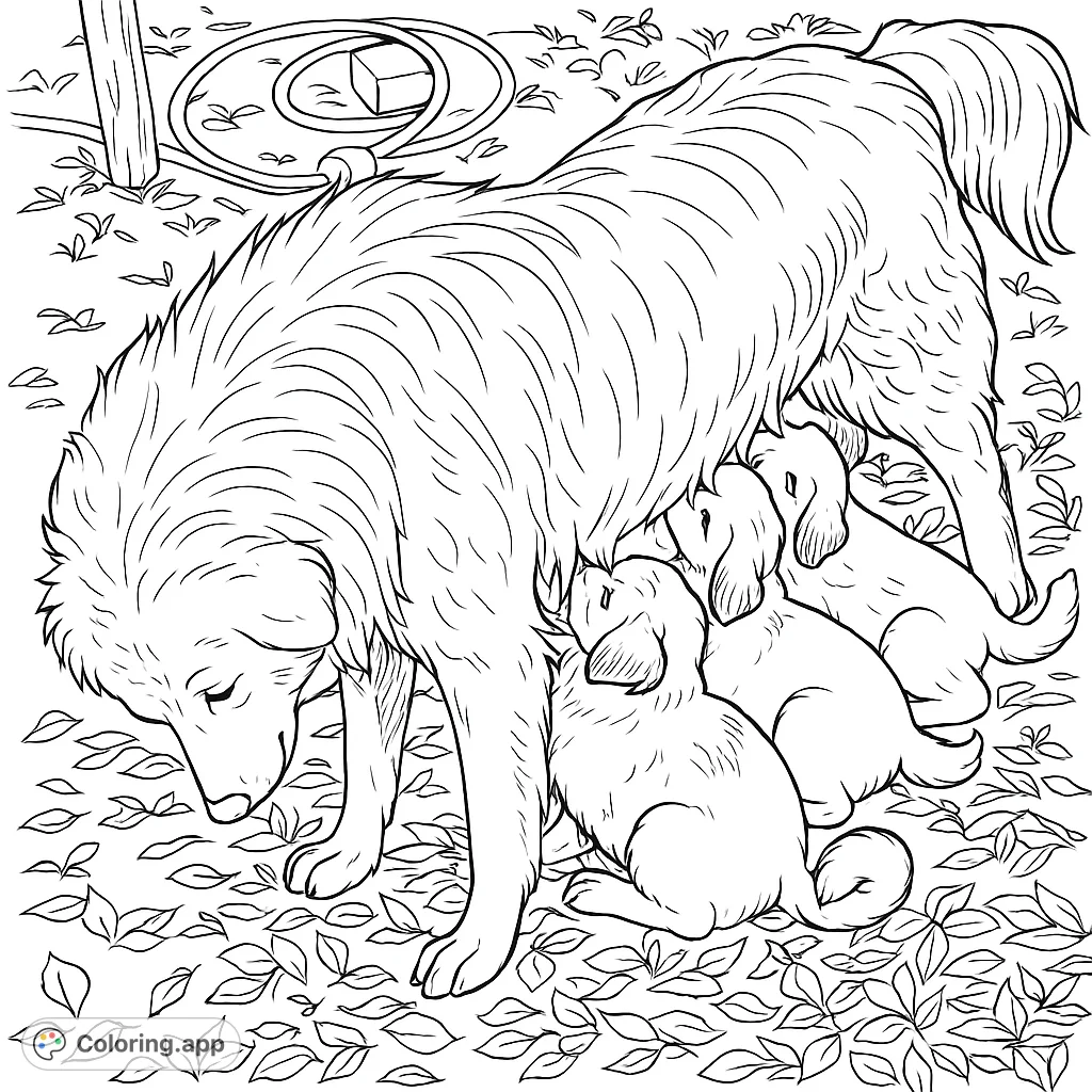 A heartwarming scene of a mother dog nurturing her adorable puppies. Perfect for animal lovers to color and enjoy.