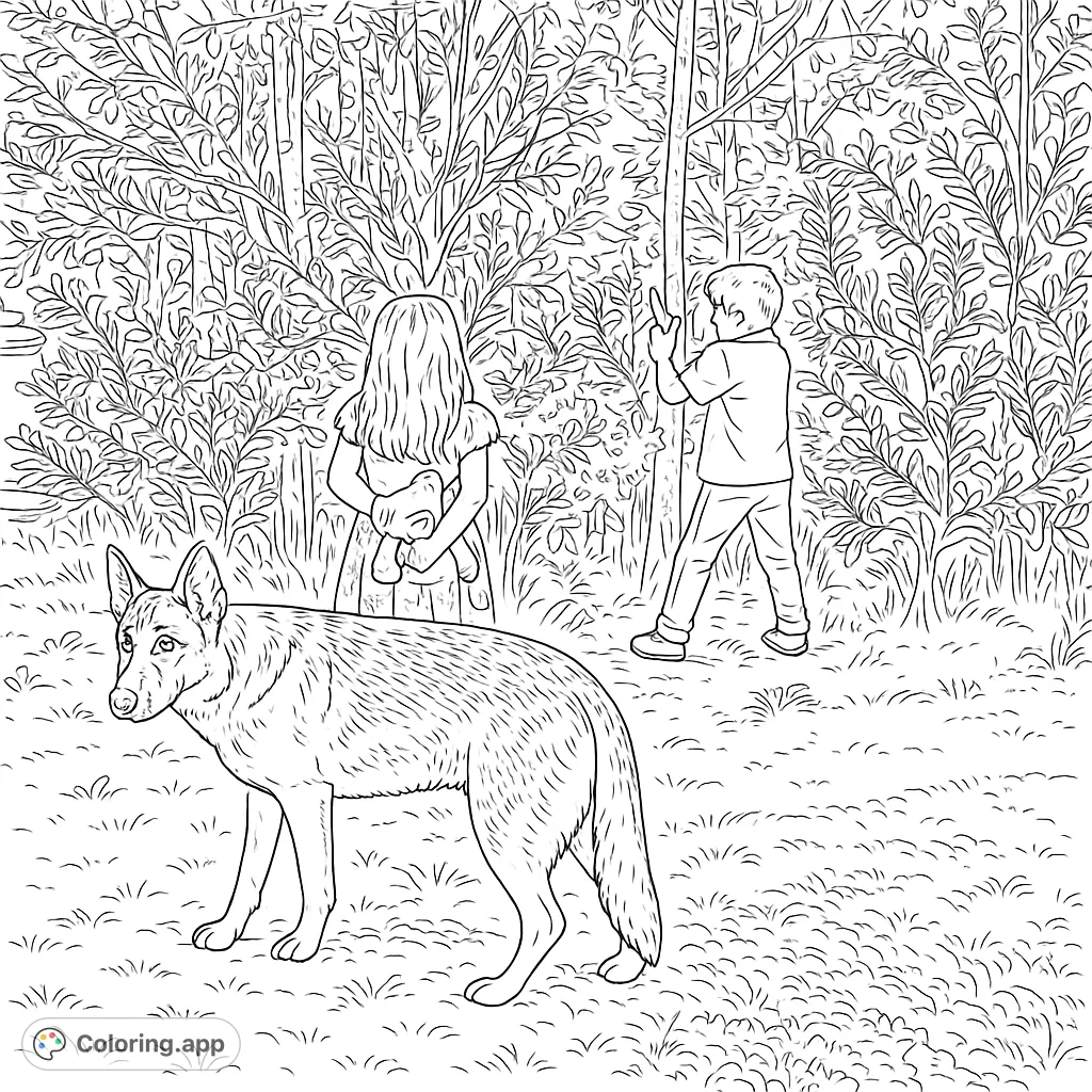 Explore the outdoors with a loyal German Shepherd and two children amidst a lush forest. A delightful scene for nature and animal lovers to color.