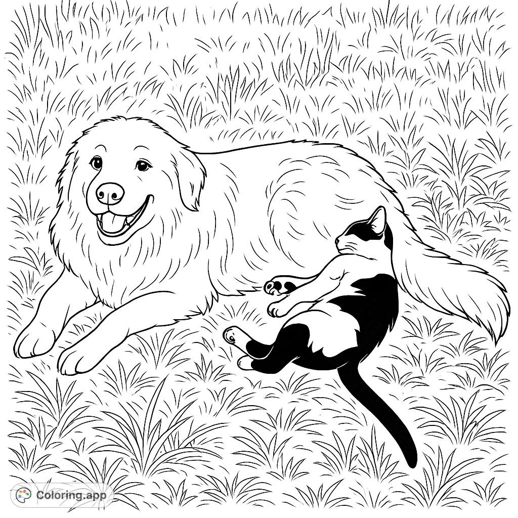 A heartwarming scene of a large dog and a small cat resting together on the grass, perfect for animal lovers and a free printable coloring page.