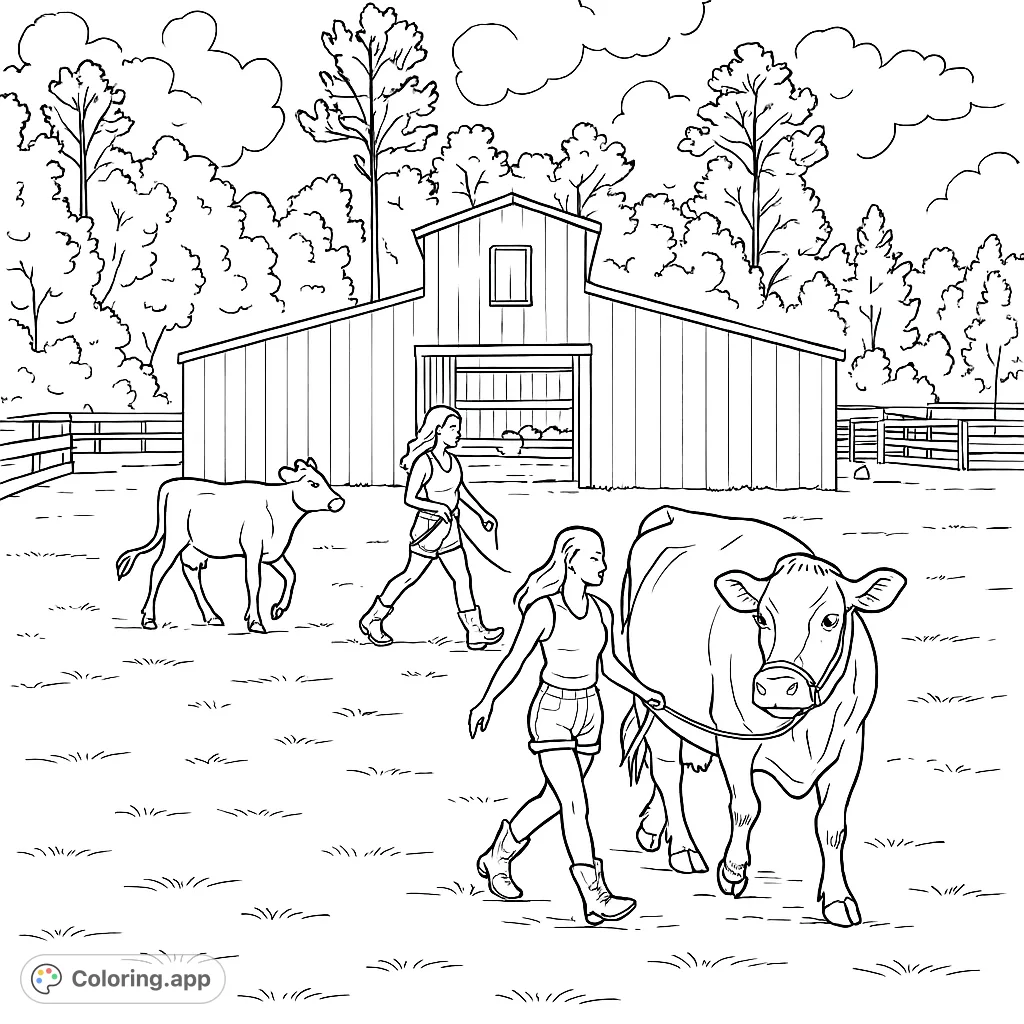 Explore a charming farm scene featuring a person walking two bovine animals past a large barn and fences. A delightful rural adventure awaits your creative touch.