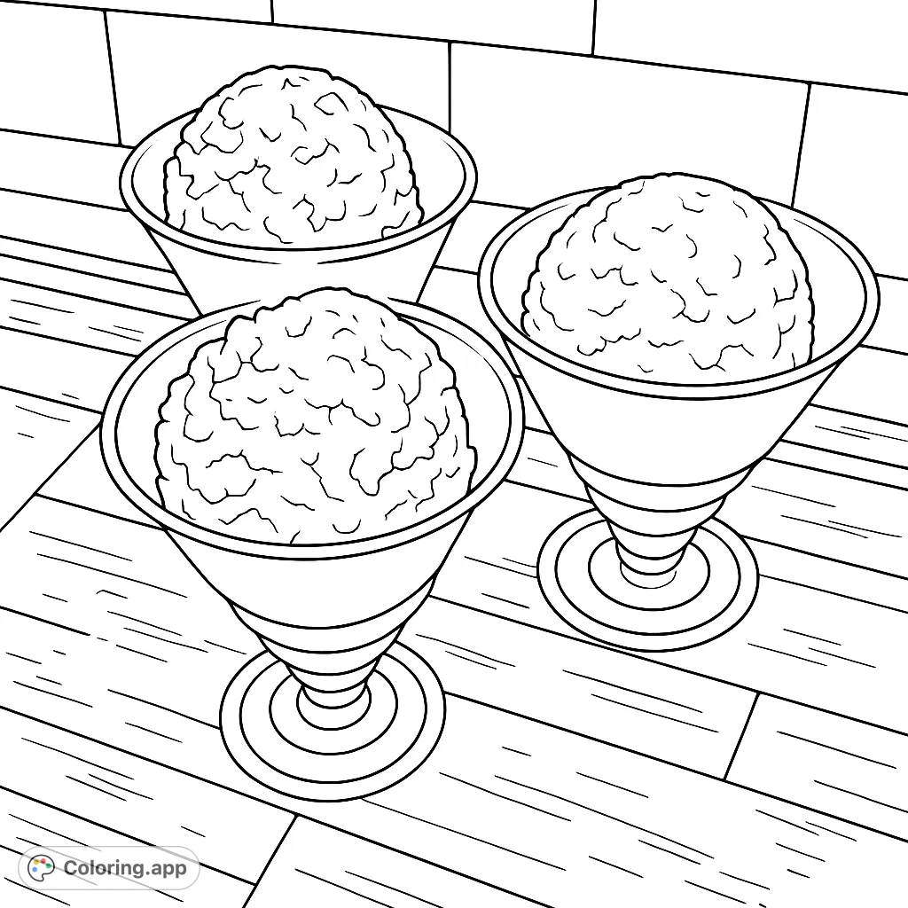 Three delightful cups of shaved ice, perfect for a cool treat. A fun and refreshing coloring page for all ages.