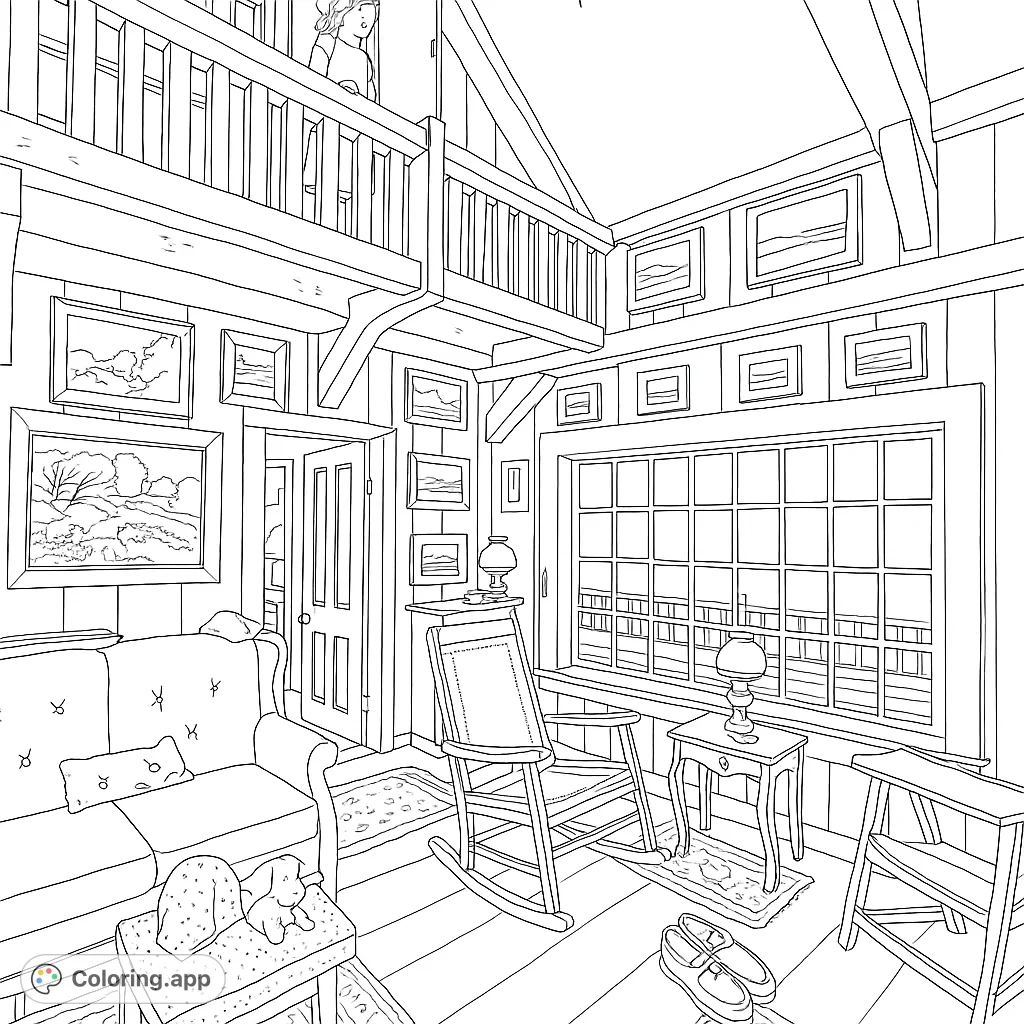 Explore a detailed rustic living room with wooden walls, a cozy sofa, and a large window view. Perfect for intricate coloring.