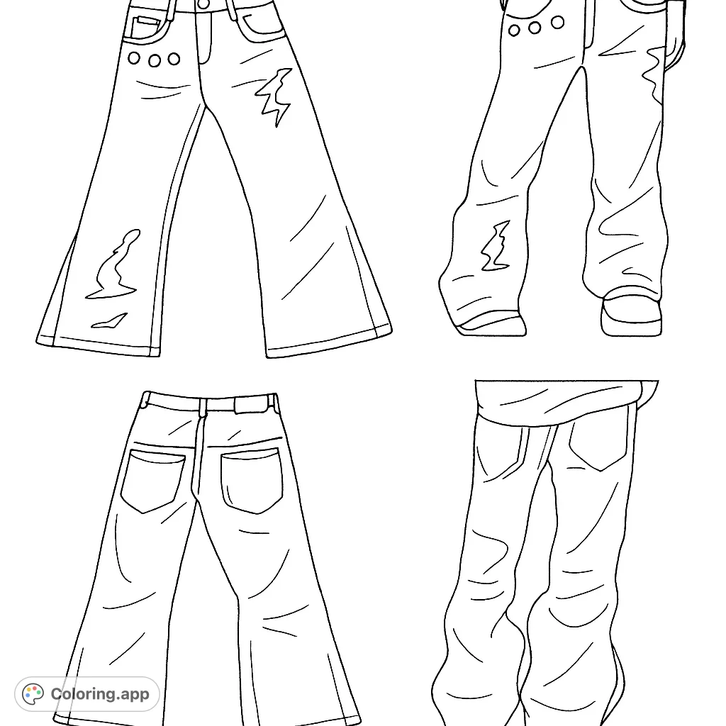 Color a trendy pair of distressed wide-leg trousers, featuring unique details like metal grommets and flared hems. Perfect for fashion enthusiasts.