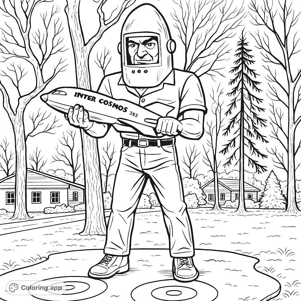 Color a cartoony giant figure in a helmet holding a rocket, standing on a Route 66-inspired base amidst bare trees. A fun, detailed roadside attraction coloring page.