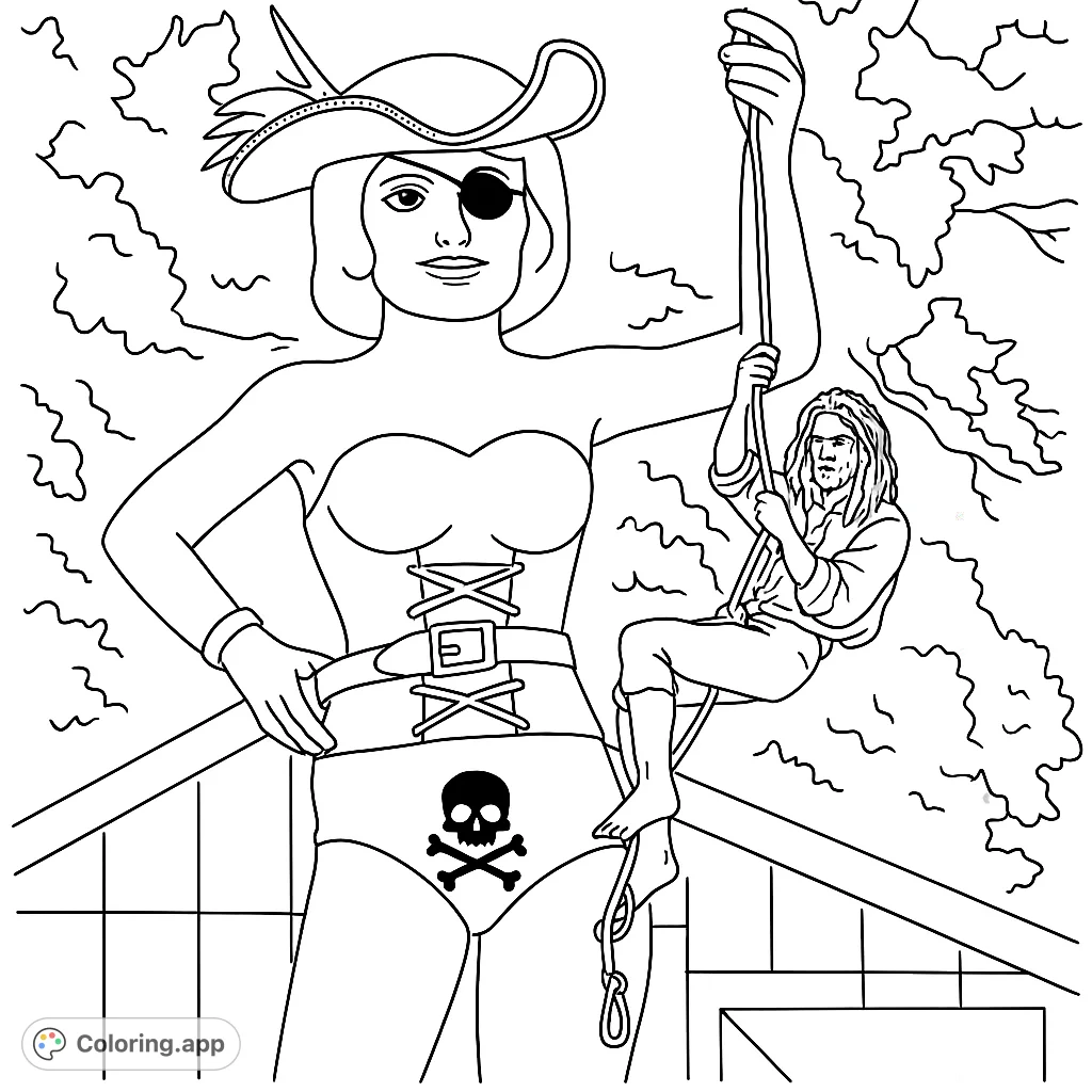 Embark on a swashbuckling adventure with this pirate-themed coloring page featuring a bold captain and her climbing companion.