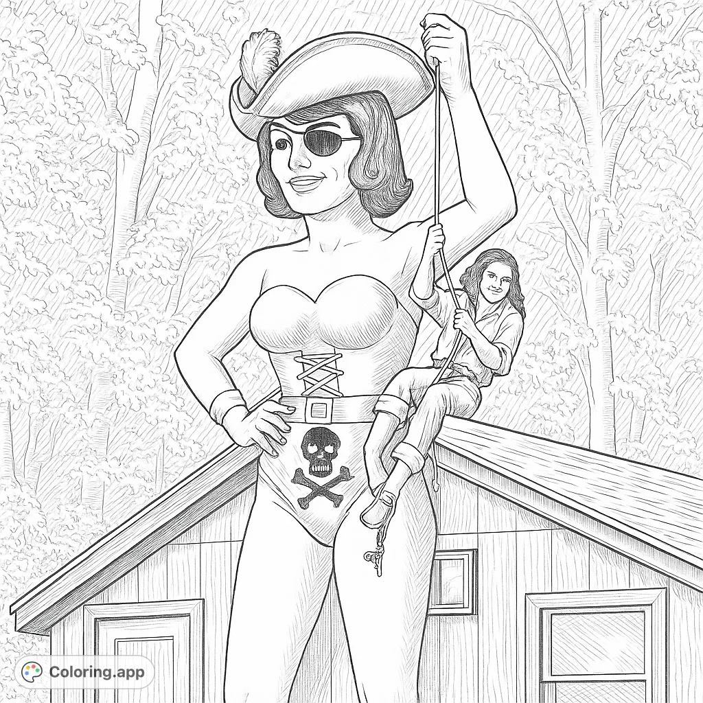 A vintage-style coloring page featuring a colossal pirate woman holding a rope, with a smaller figure climbing it. Perfect for a retro adventure coloring page.