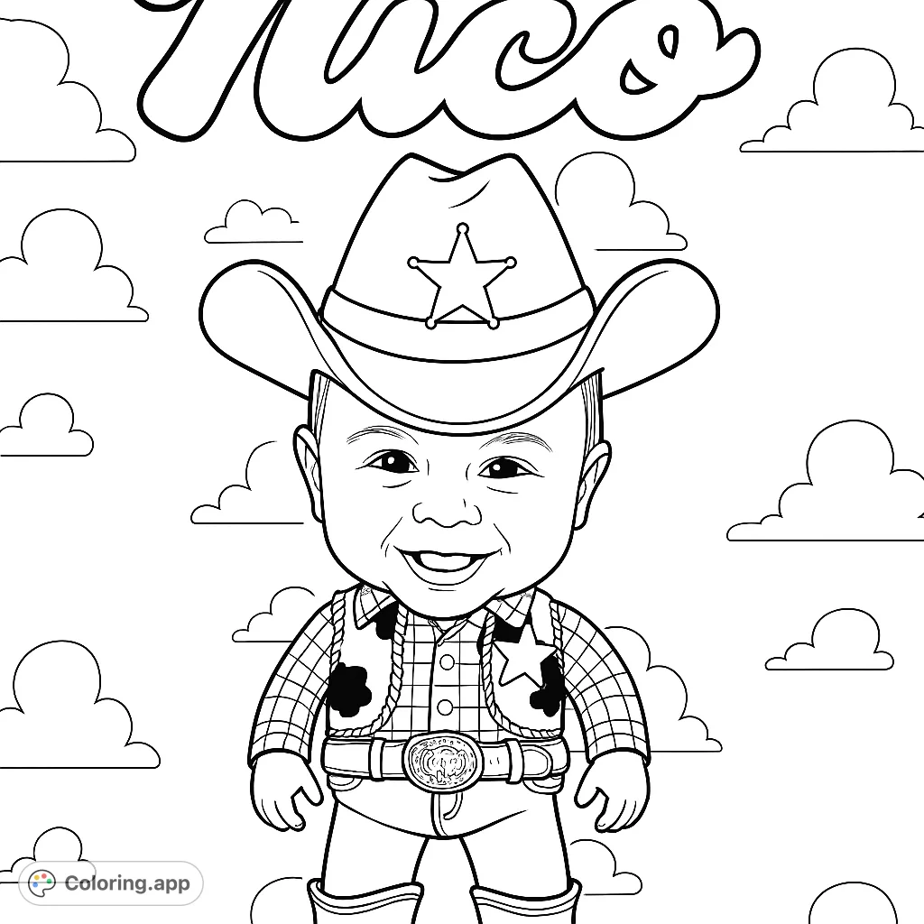 A delightful cowboy-themed coloring page featuring a cheerful baby's face on a toy figure, complete with hat, vest, and boots, under a cloudy sky.