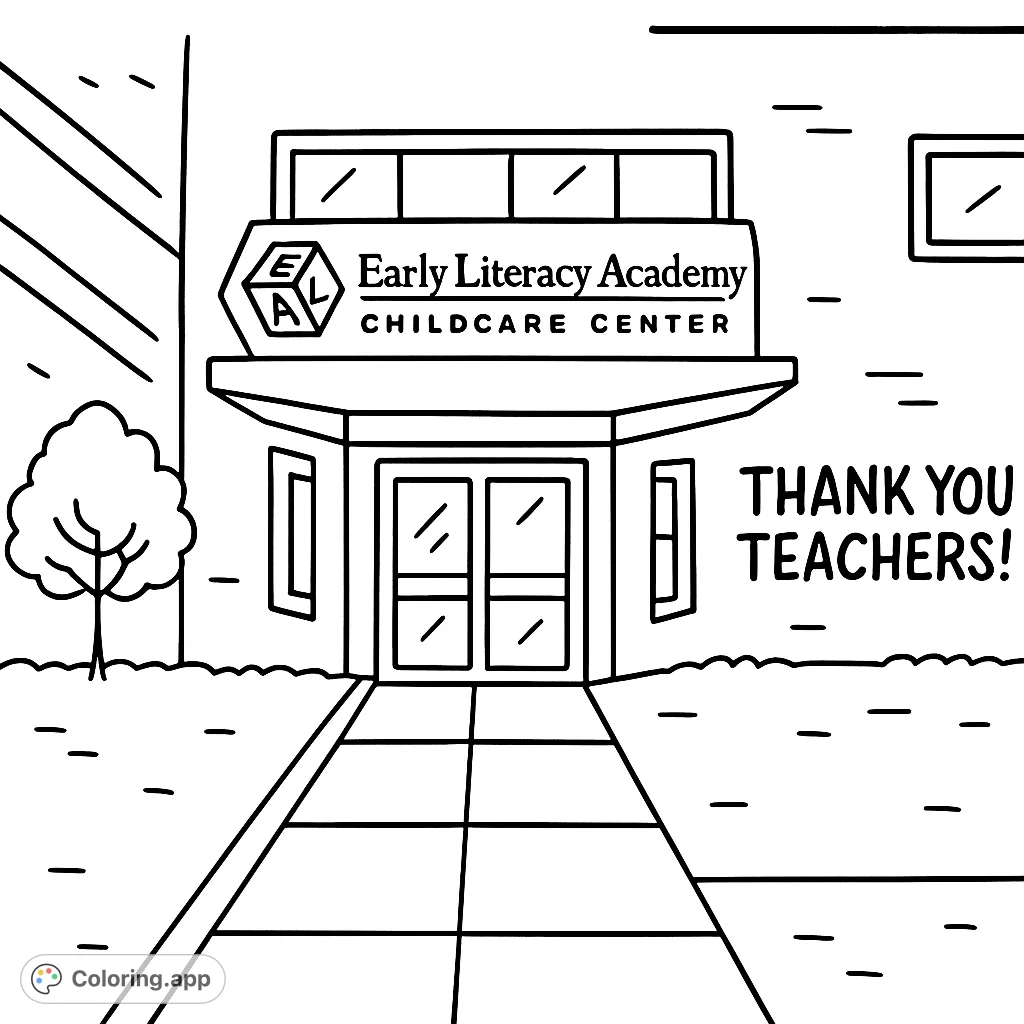 A charming, simple coloring page featuring a childcare center building with a welcoming entrance, windows, and a small tree, perfect for young artists.