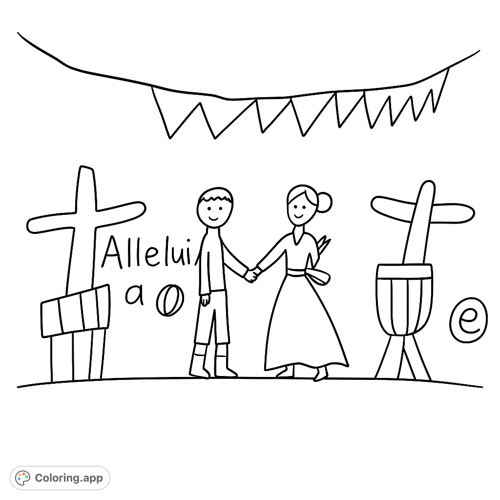 A charming Alleluia garden dance coloring page featuring two figures, potted plants, and festive bunting. Perfect for simple, joyful coloring.