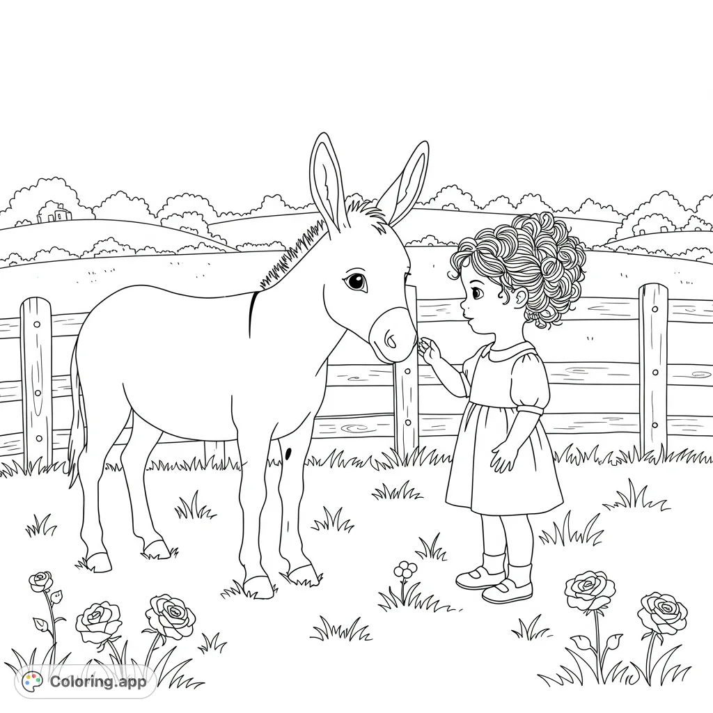 A charming coloring page featuring a curly-haired young girl and her friendly donkey in a peaceful pasture scene, perfect for creative expression.