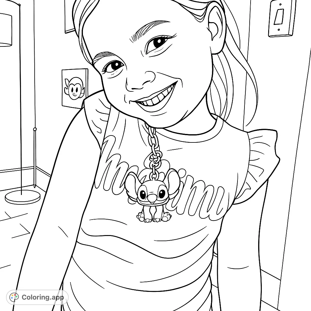 A cheerful young girl with a wide smile and a fun character keychain, ready for a delightful coloring adventure.