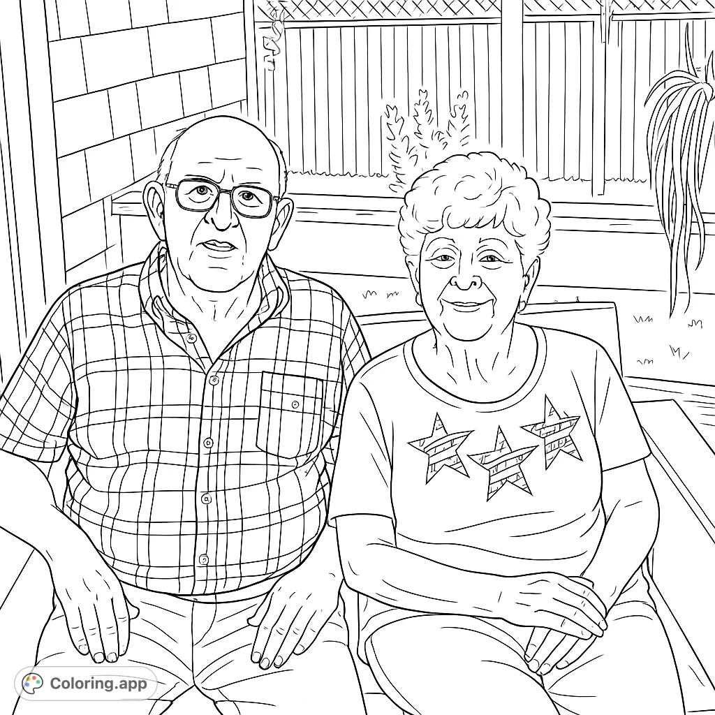A heartwarming senior couple portrait, perfect for a family-themed coloring page. Features detailed clothing patterns and a cozy outdoor setting.