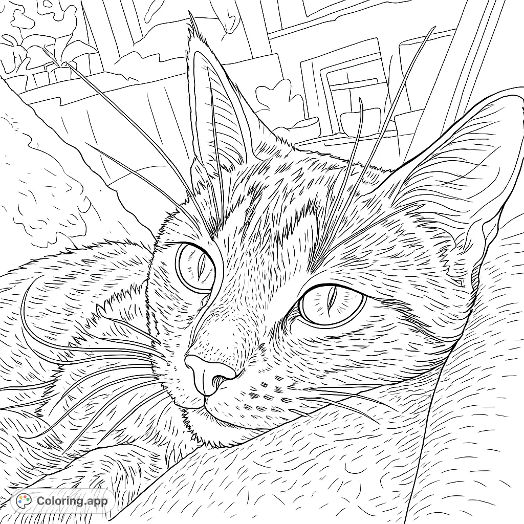 A charming tabby cat portrait, perfect for animal lovers. Features intricate fur patterns, expressive eyes, and long whiskers for a delightful coloring experience.