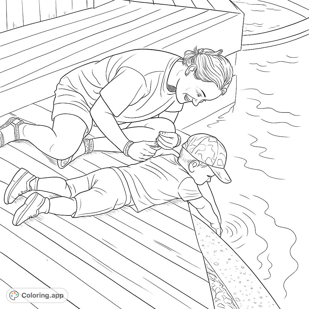 A heartwarming scene of an adult and child exploring a pond from a wooden deck. Perfect for family-themed coloring pages, fostering connection and outdoor wonder.