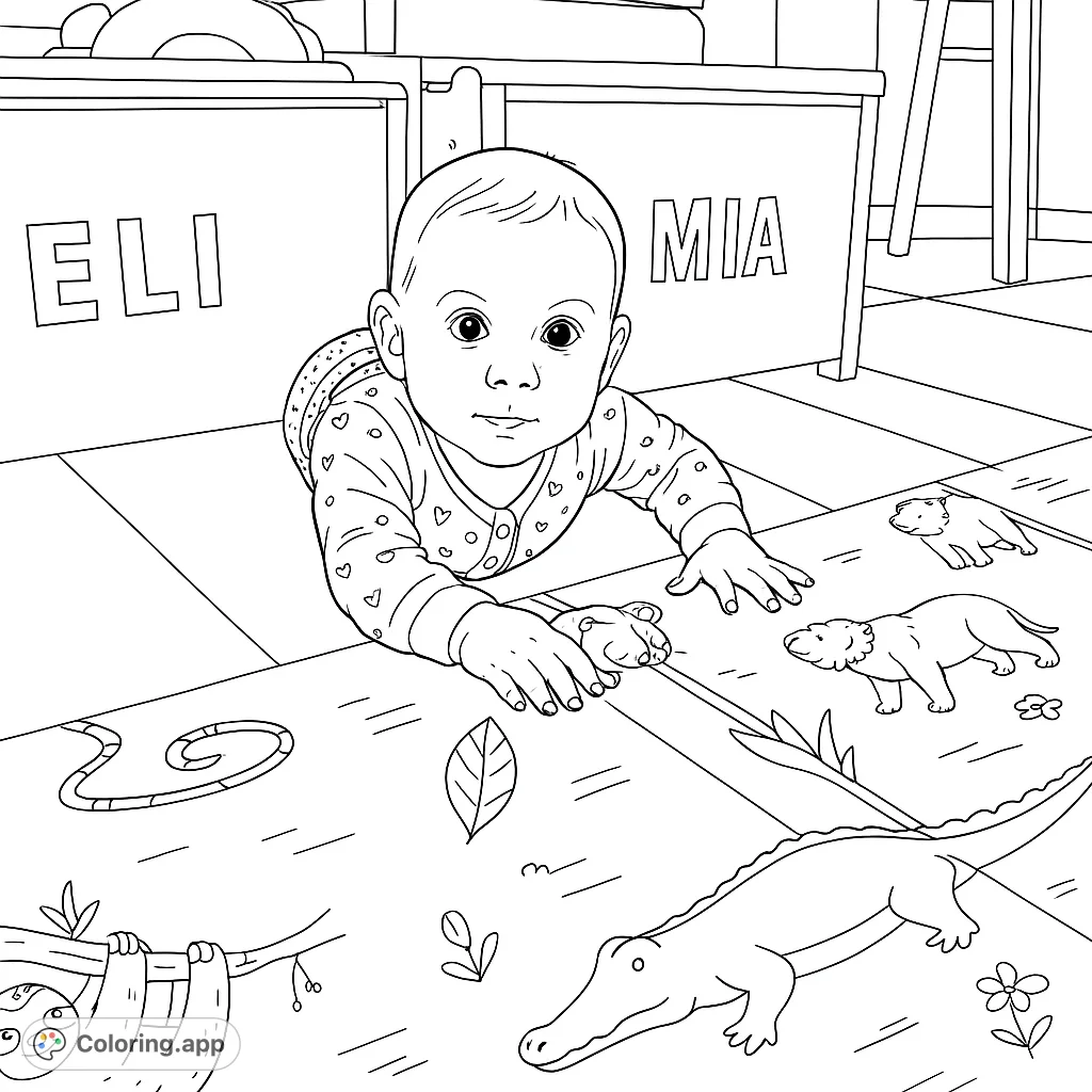 A delightful baby explores a textured playmat adorned with charming animal and plant designs, with personalized storage bins in the background. Perfect for young colorists.