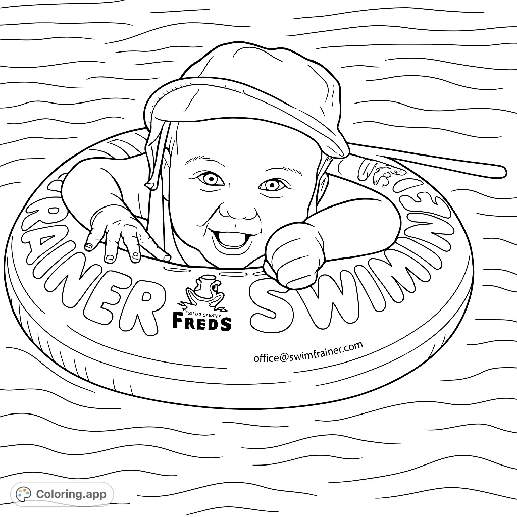 A delightful baby in a swim float, smiling happily in the water. Perfect for a fun, splashy coloring adventure for all ages.