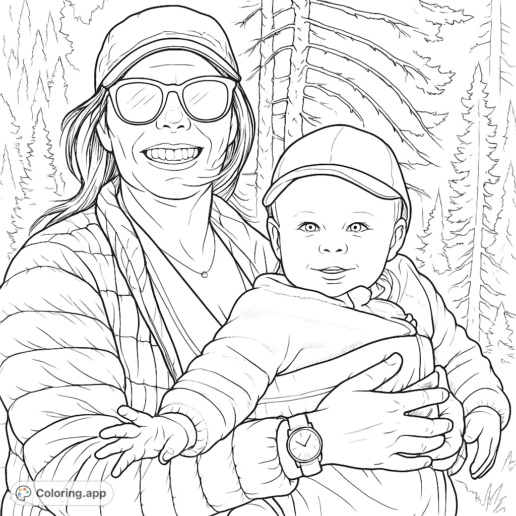 A heartwarming scene of a mother holding her baby in an outdoor setting, perfect for a family-themed coloring page celebrating connection and nature.