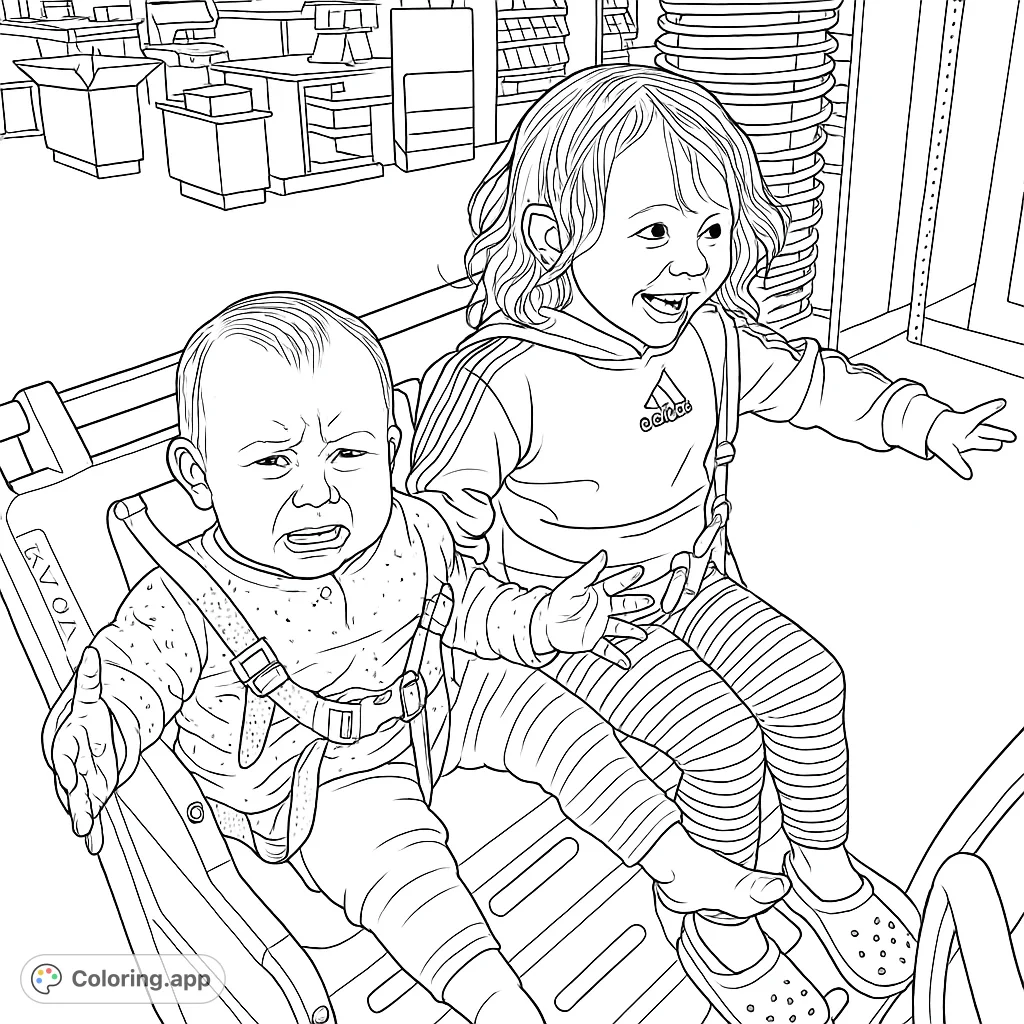 Two children in a shopping cart, one laughing, one crying, capturing a typical family outing. A fun and relatable scene for all ages.