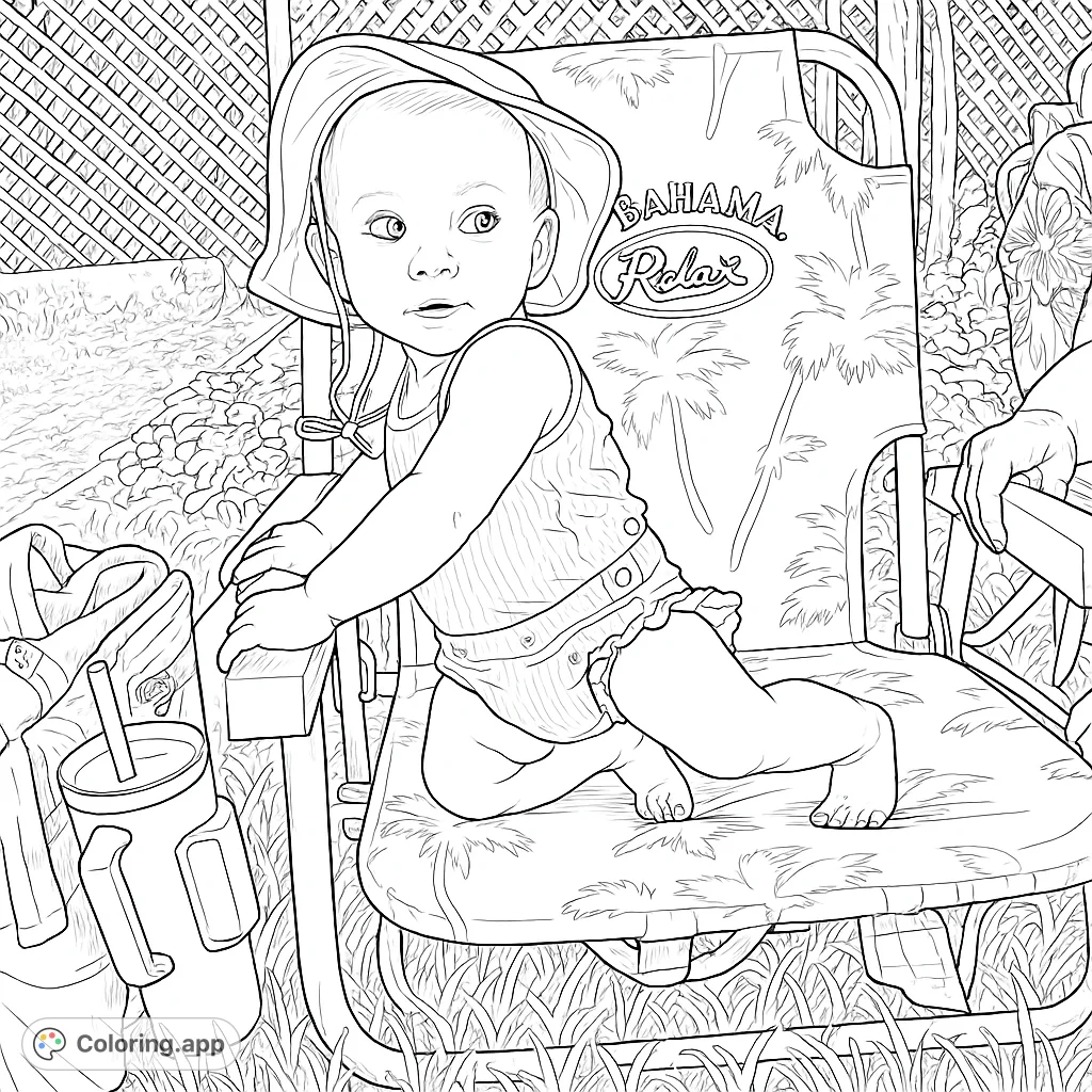 Adorable baby in a sun hat explores a beach chair outdoors, surrounded by nature. A delightful and relaxing scene for all ages to color.