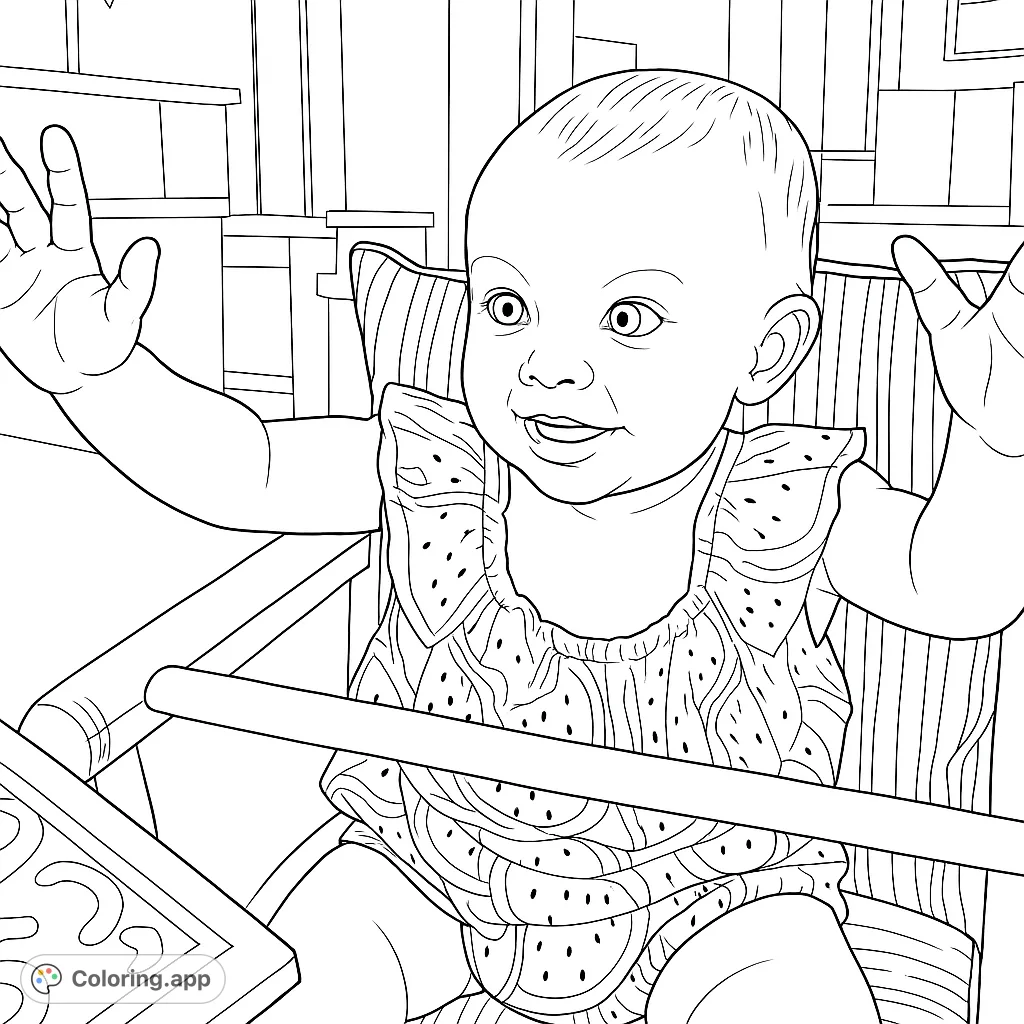A delightful baby in a fruit-patterned romper, happily seated in a high chair. Perfect for a cute baby coloring page, capturing a moment of joy.