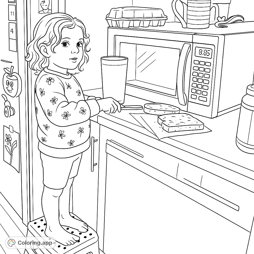 A delightful kitchen scene featuring a child on a step stool, preparing a snack. Perfect for young aspiring chefs to color and imagine their own culinary adventures.