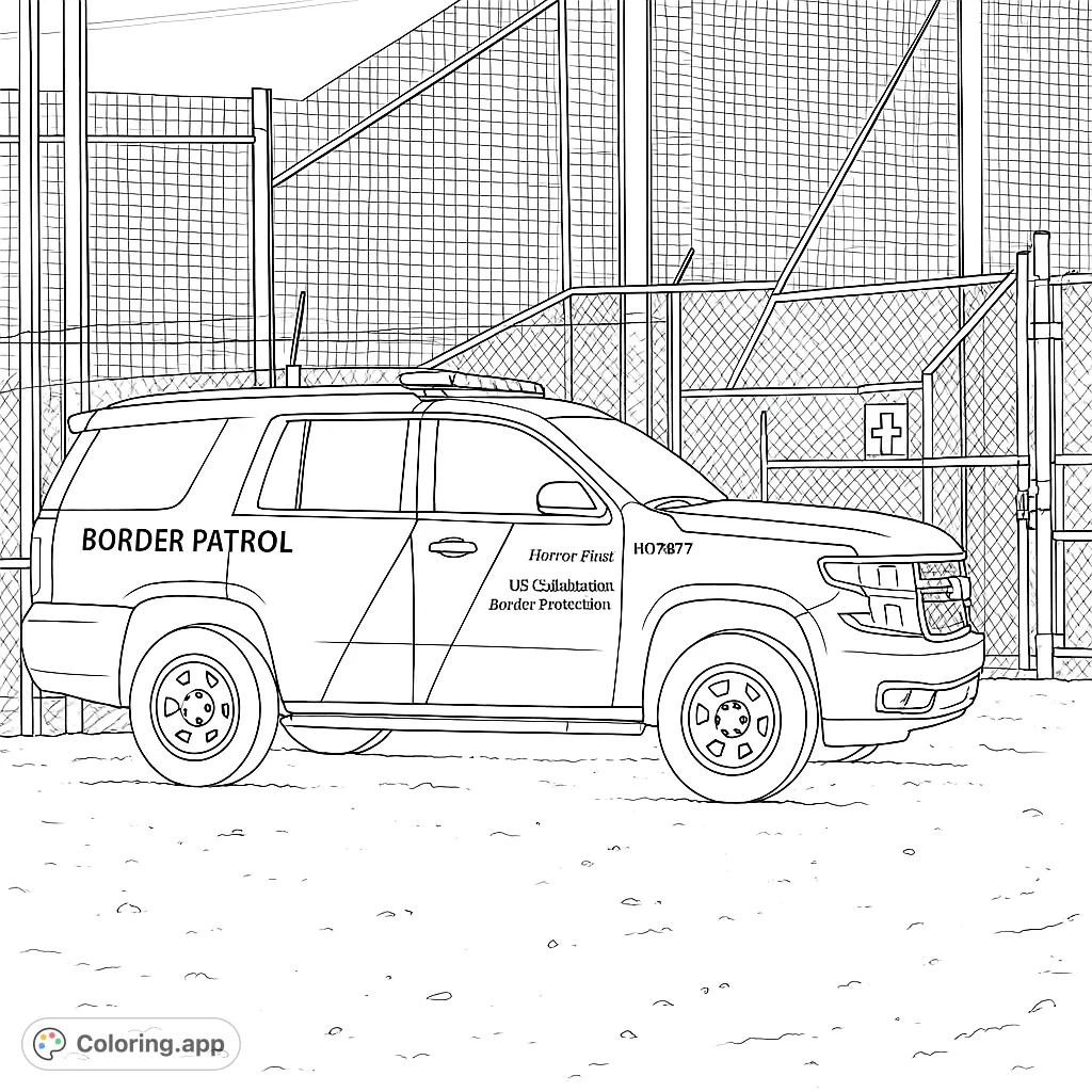 Color a detailed Border Patrol vehicle parked beside a tall, intricate border barrier. Explore textures of the vehicle, fence, and ground.