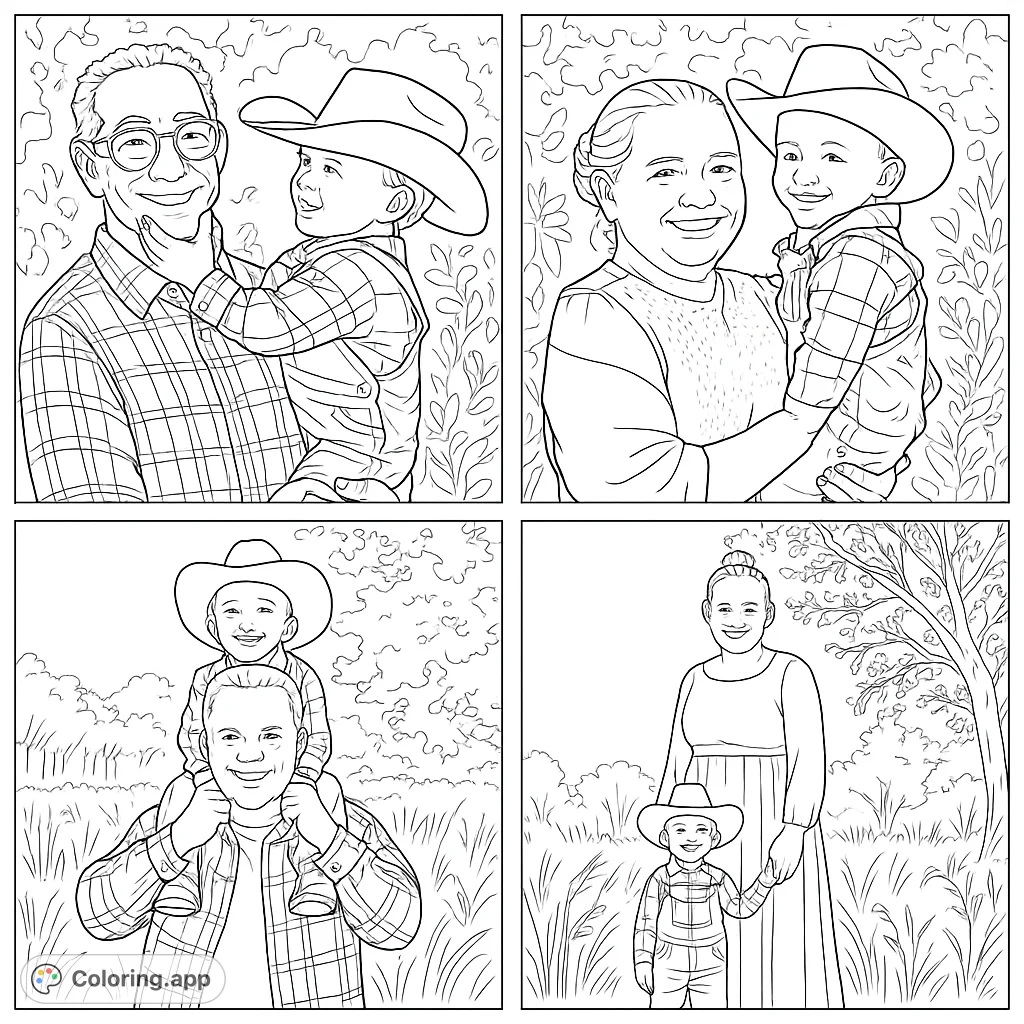 Capture heartwarming family moments with a little cowboy! This free printable coloring page features a child with family in charming outdoor scenes.