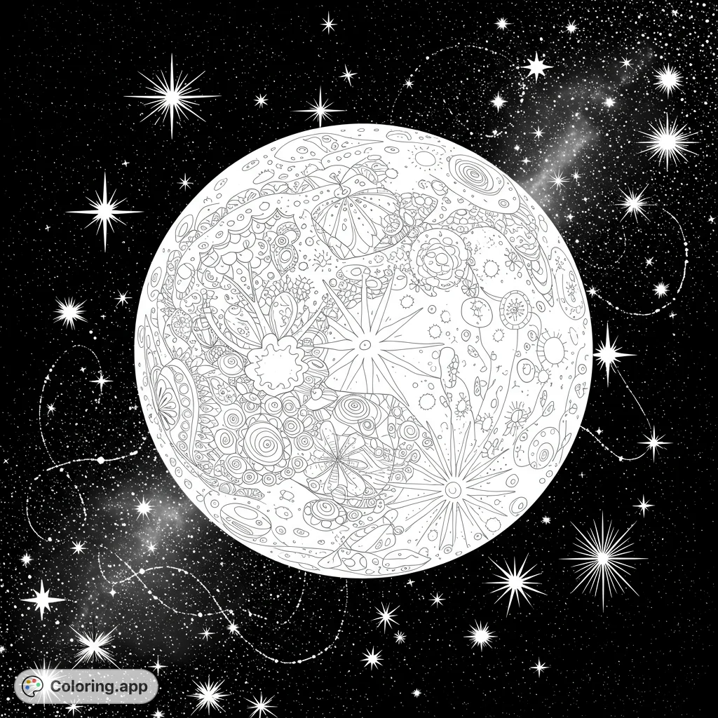 Unwind with a detailed mystical moon and stars mandala coloring page. Explore intricate patterns and celestial beauty for a calming creative escape.