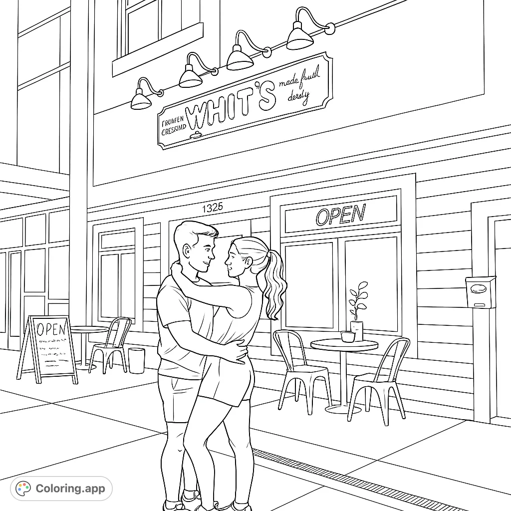 Capture a sweet moment with this romantic street scene coloring page. A couple embraces in front of a charming building, perfect for a relaxing creative escape.