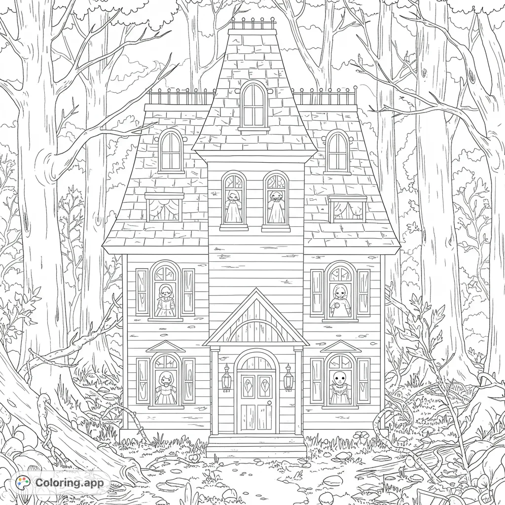 Explore a mysterious dollhouse nestled in an eerie forest, featuring spectral faces in windows and tiny skeletons at the door. A captivating, free printable coloring page.