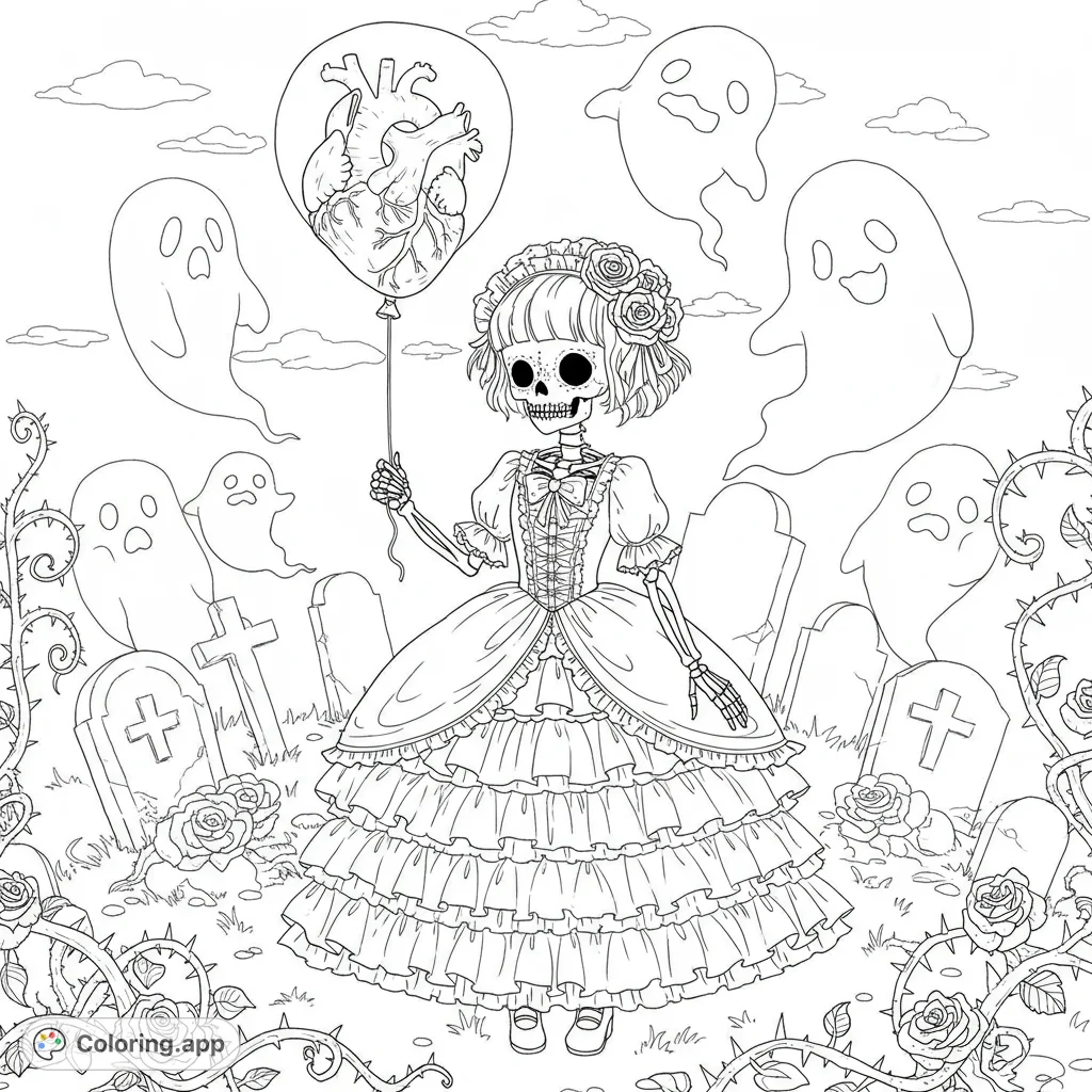 A charming kawaii skeleton girl in a frilly Victorian dress holds an anatomical heart balloon, surrounded by thorny vines, gravestones, and playful ghosts.