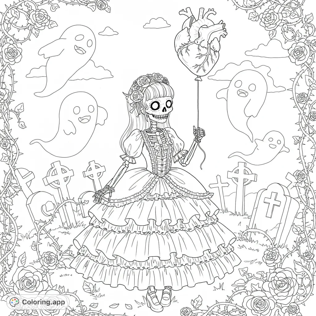 A charming kawaii skeleton girl in a frilly Victorian dress holds an anatomical heart balloon, surrounded by thorny vines, gravestones, and playful ghosts.