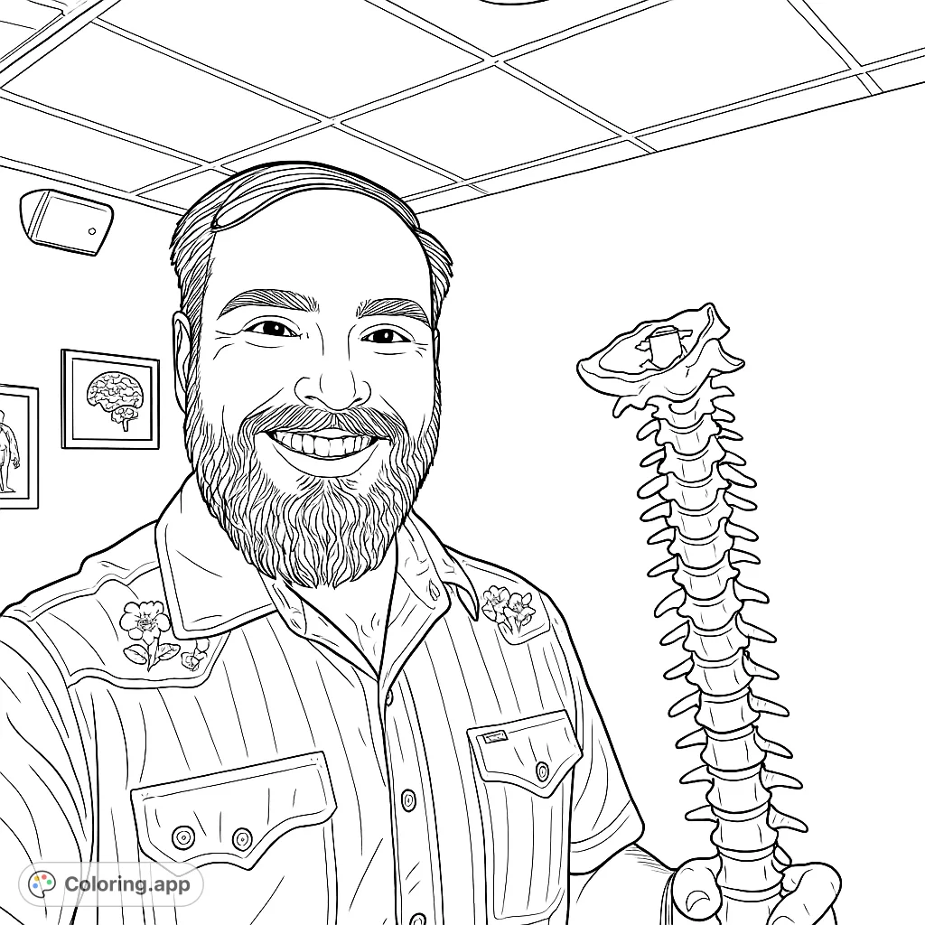 A detailed coloring page featuring a person holding an anatomical spine model, set against a background with framed anatomical illustrations. Perfect for science enthusiasts.