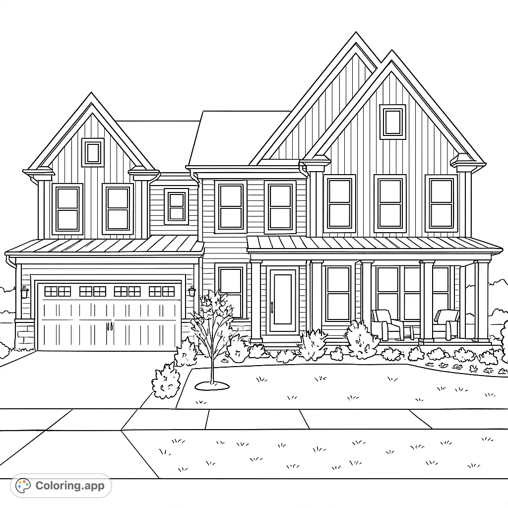 Color a detailed modern suburban home with gables, a welcoming porch, and intricate landscaping. Perfect for architecture enthusiasts and home design dreams.