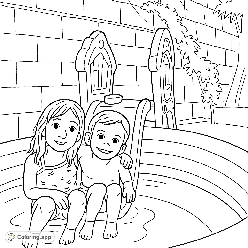 A delightful kids pool fun coloring page featuring two smiling children enjoying a splash in an inflatable pool with a toy slide. Perfect for young artists!