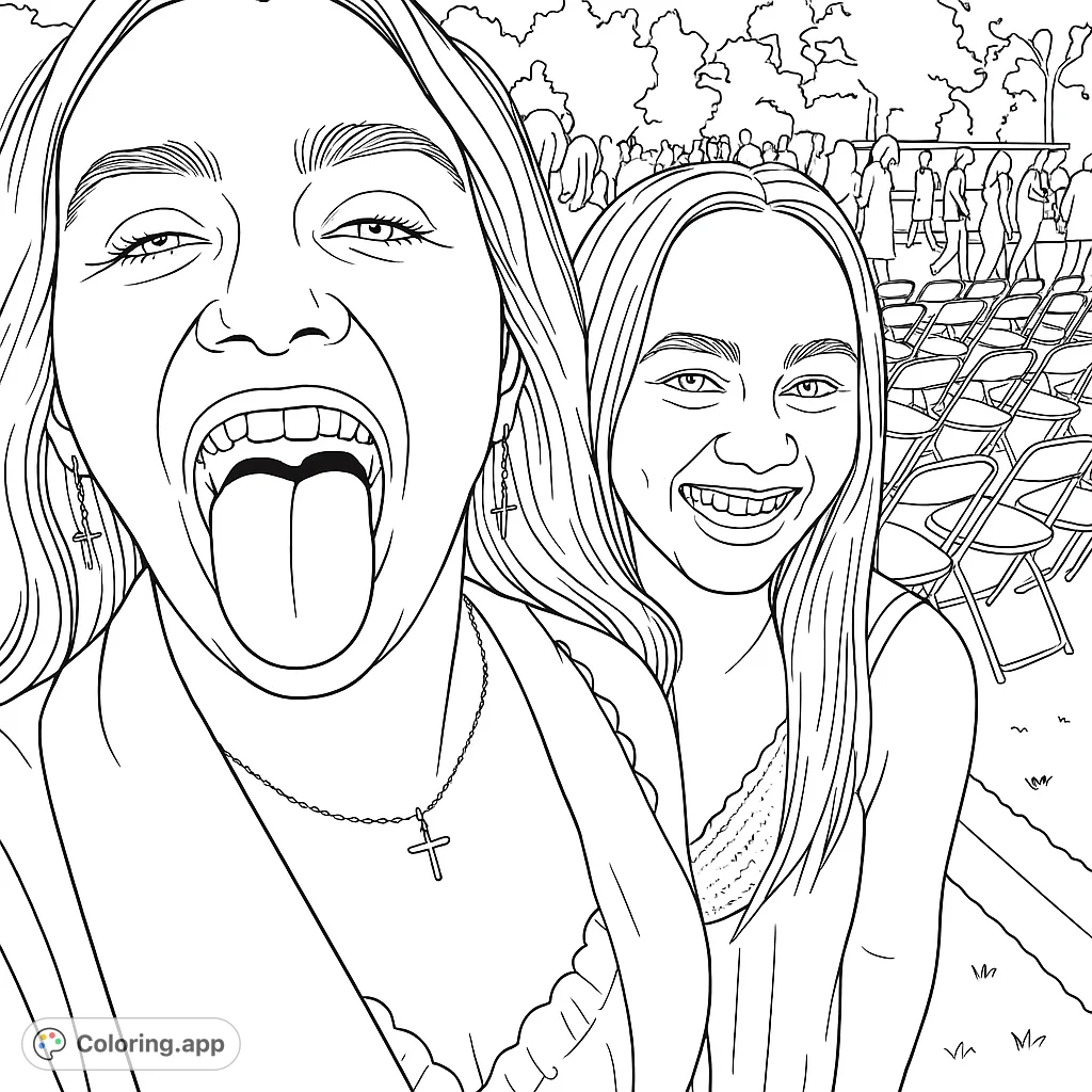 Capture the joy of a special outdoor celebration with two cheerful friends, one playfully sticking out her tongue, amidst a festive atmosphere.