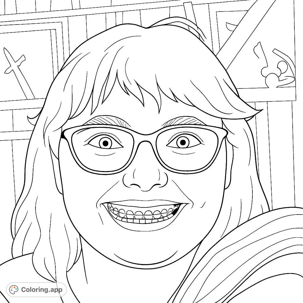 A cheerful portrait of a person with glasses and braces, smiling broadly. Perfect for a fun and expressive coloring experience.