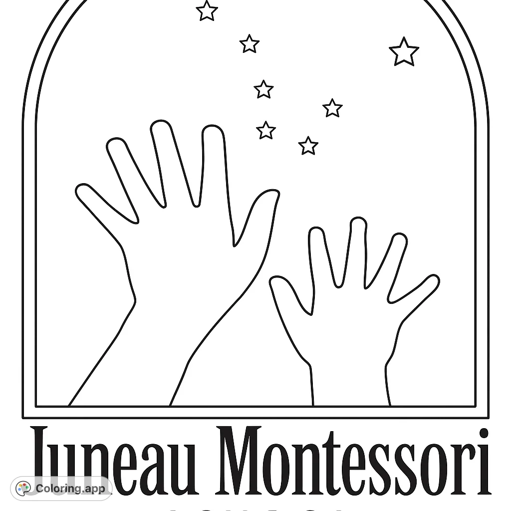 Two hands reaching towards a starry sky within an arched frame, symbolizing aspiration and wonder. A free printable hands and stars coloring page.