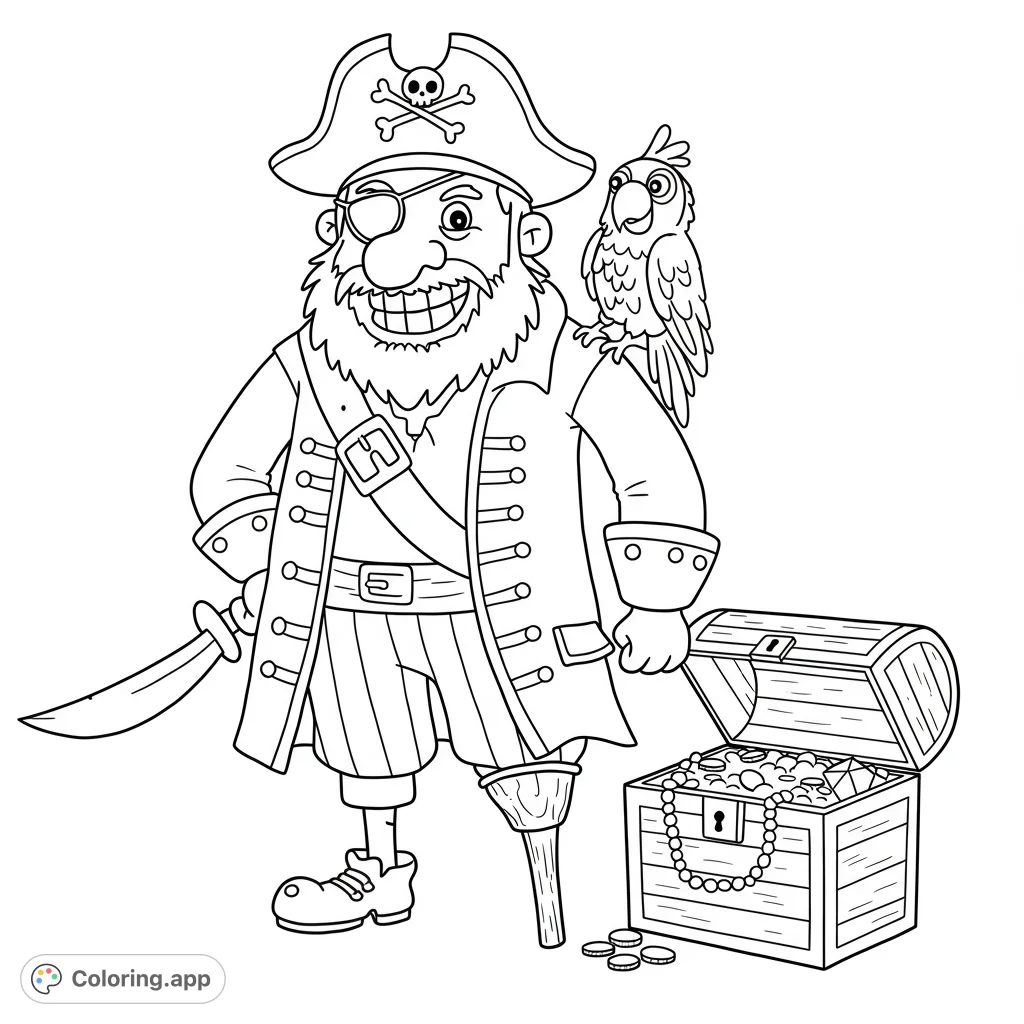 A charming, simple pirate coloring page featuring a goofy captain, his scruffy parrot, and a treasure chest. Perfect for young adventurers!