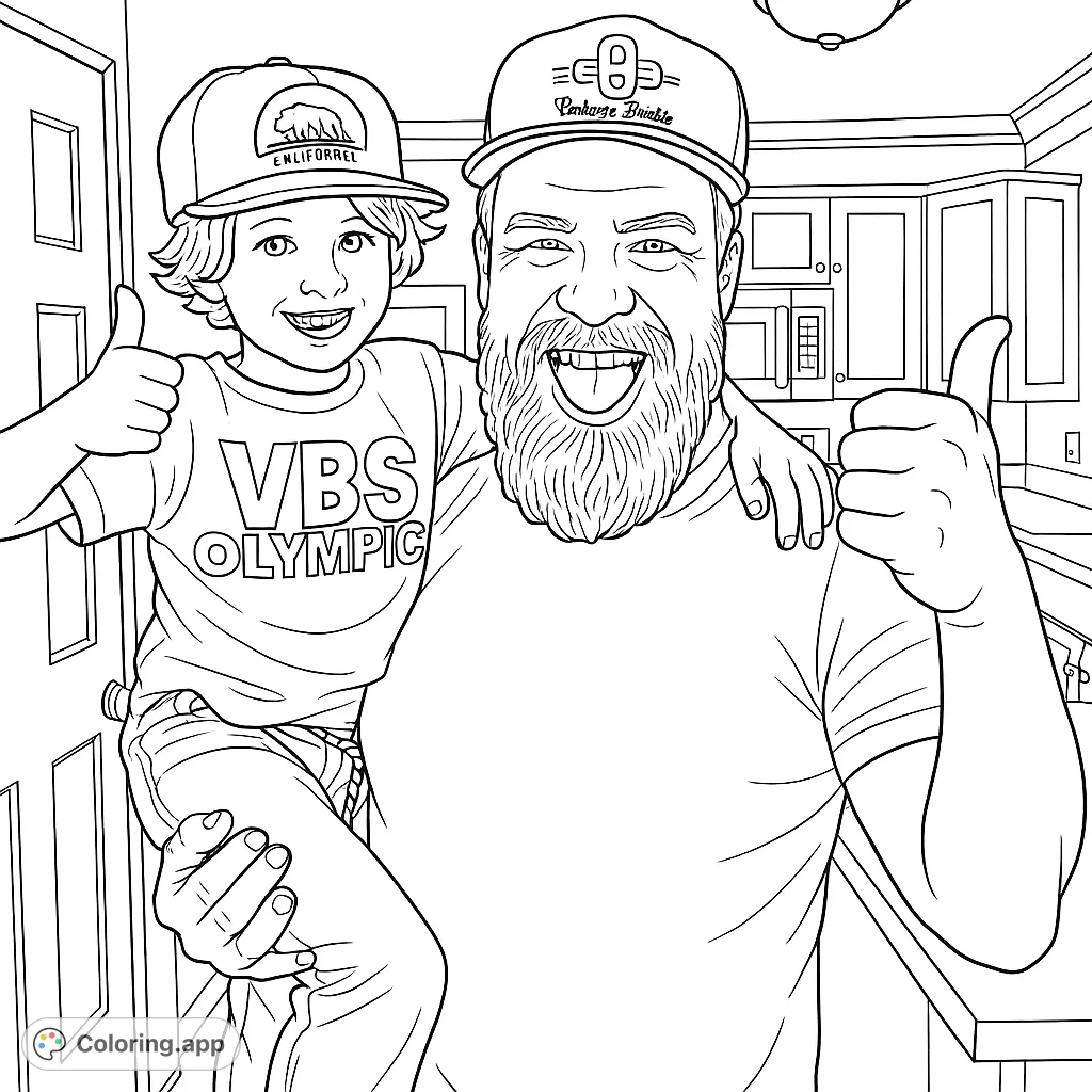 A heartwarming scene of a man and child smiling and giving thumbs-up, perfect for a family-themed coloring page.