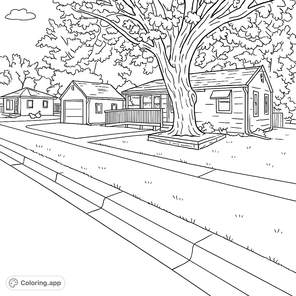 A charming suburban house with a large tree, garage, and sidewalk, perfect for a relaxing coloring experience.