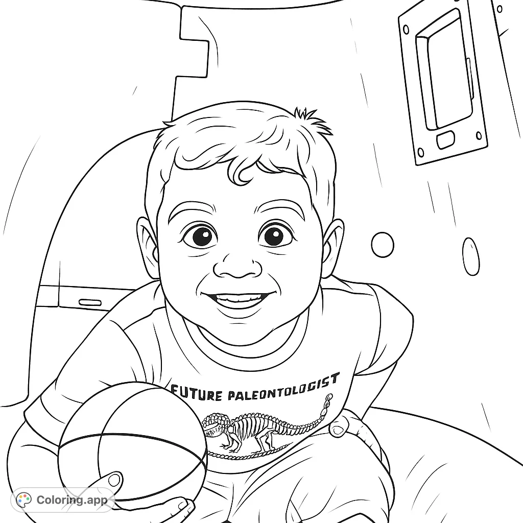 A joyful child smiles while holding a basketball inside a play structure. Perfect for young sports enthusiasts and future paleontologists to color!