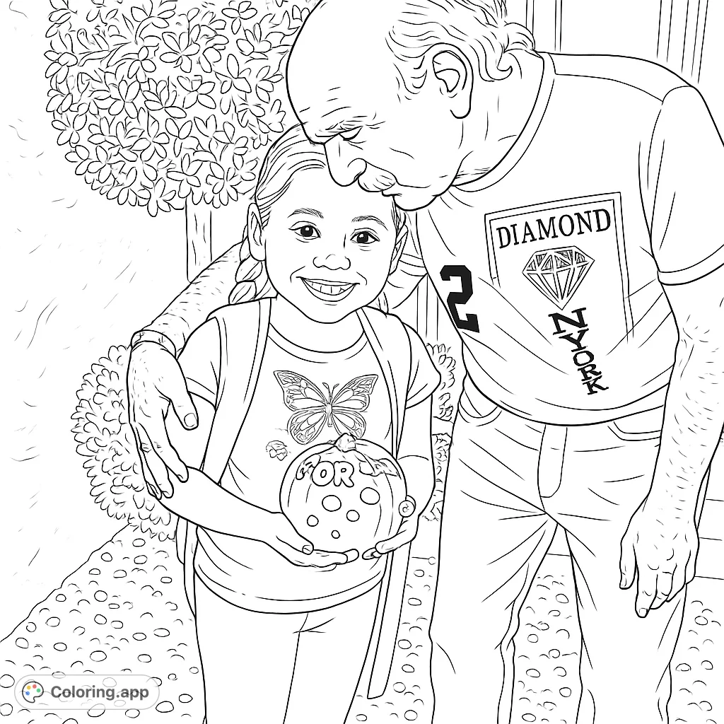 A heartwarming scene of a man and a young girl sharing a tender moment, holding a decorated pumpkin. Perfect for family-themed coloring.