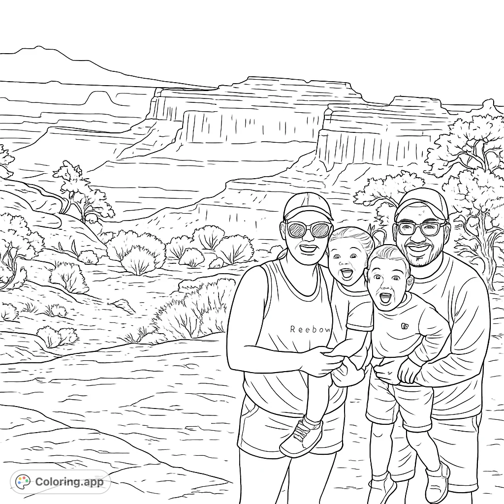 A joyful family portrait set against a breathtaking canyon backdrop, perfect for a nature-themed coloring page adventure.