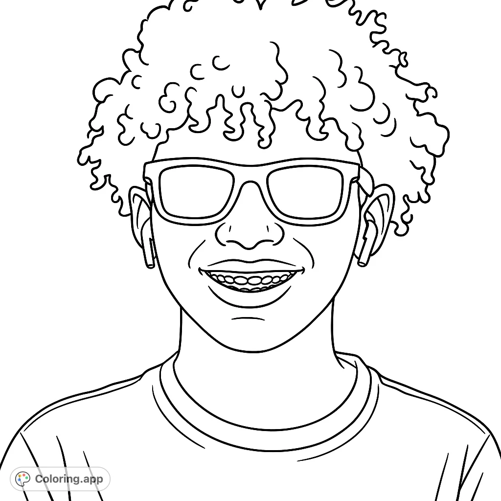 Capture the joy of a smiling youth with curly hair, cool shades, and braces. A modern portrait for creative expression and fun coloring.