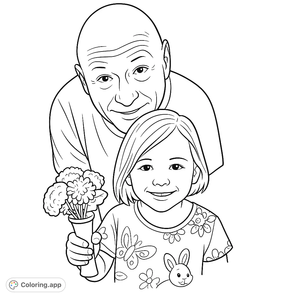 A heartwarming family portrait featuring a man and a young girl sharing a tender moment, with the girl holding a charming bouquet of flowers.